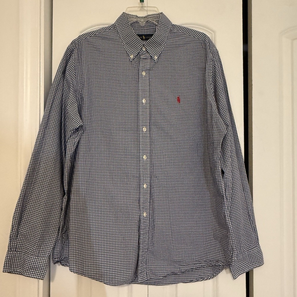 Ralph Lauren Shirt Mens XL Blue White Checked Cotton Long Sleeve Button Down